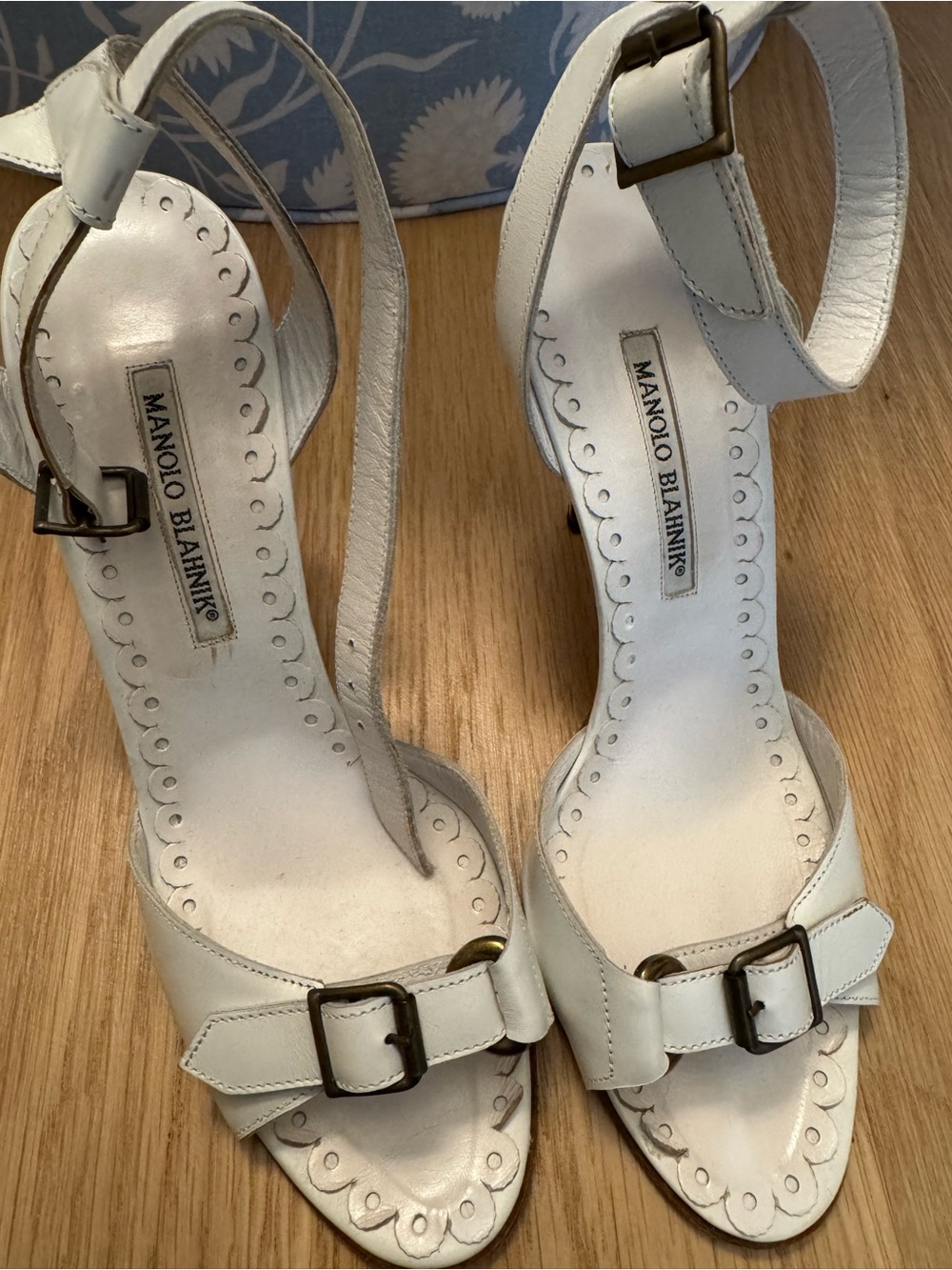 Manolo Blahnik White Leather Buckle Ankle-Strap Heels